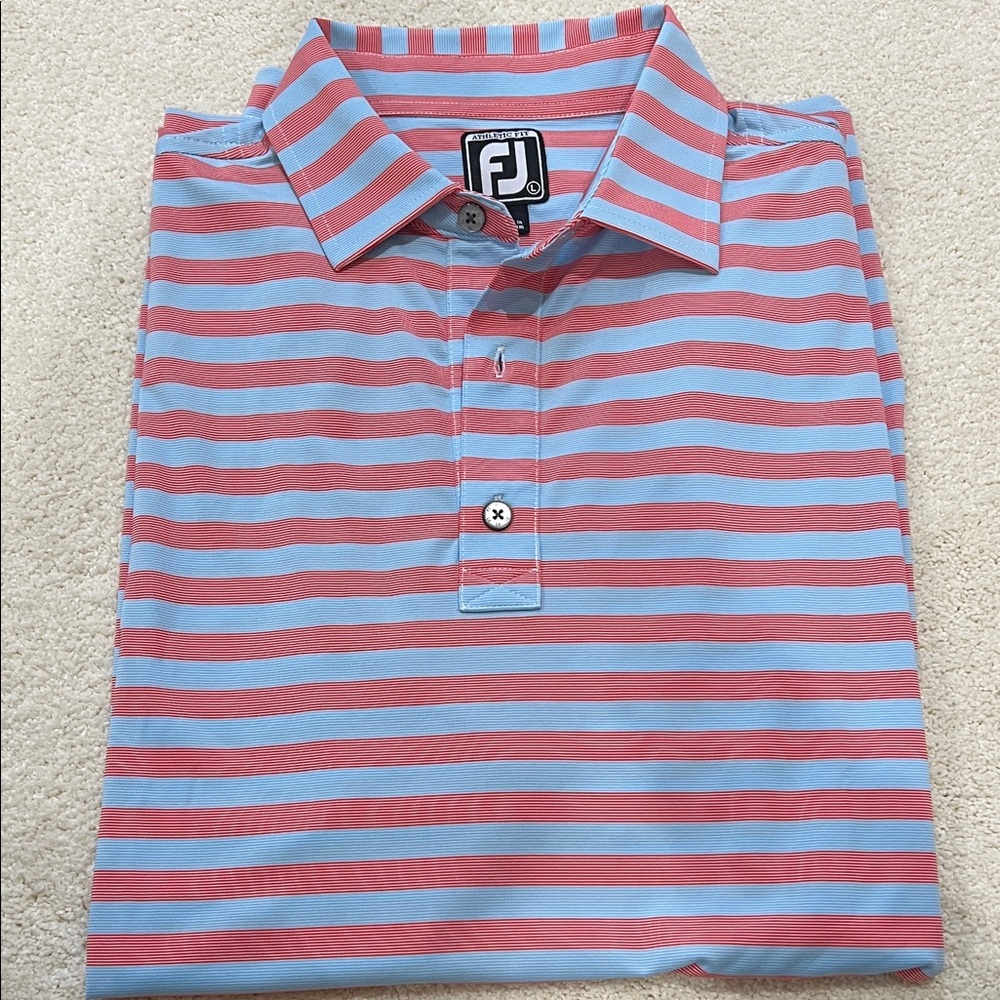 NWOT FootJoy Blue and Coral Striped Performance GOLF Polo